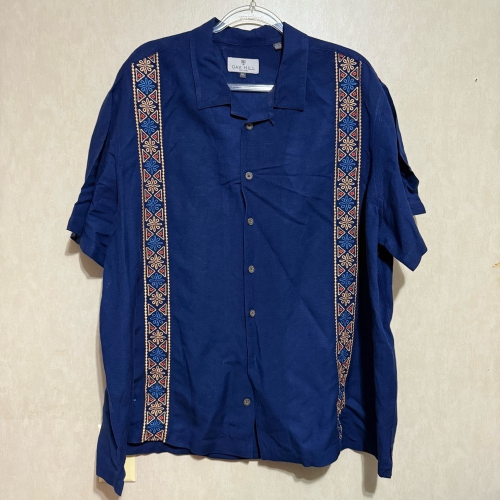 Oak Hill Blue Gold Embroidered Linen Blend Button Up Shirt